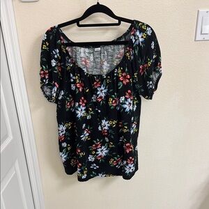 Old Navy Black Floral Smocked Ruffled Blouse off the shoulder